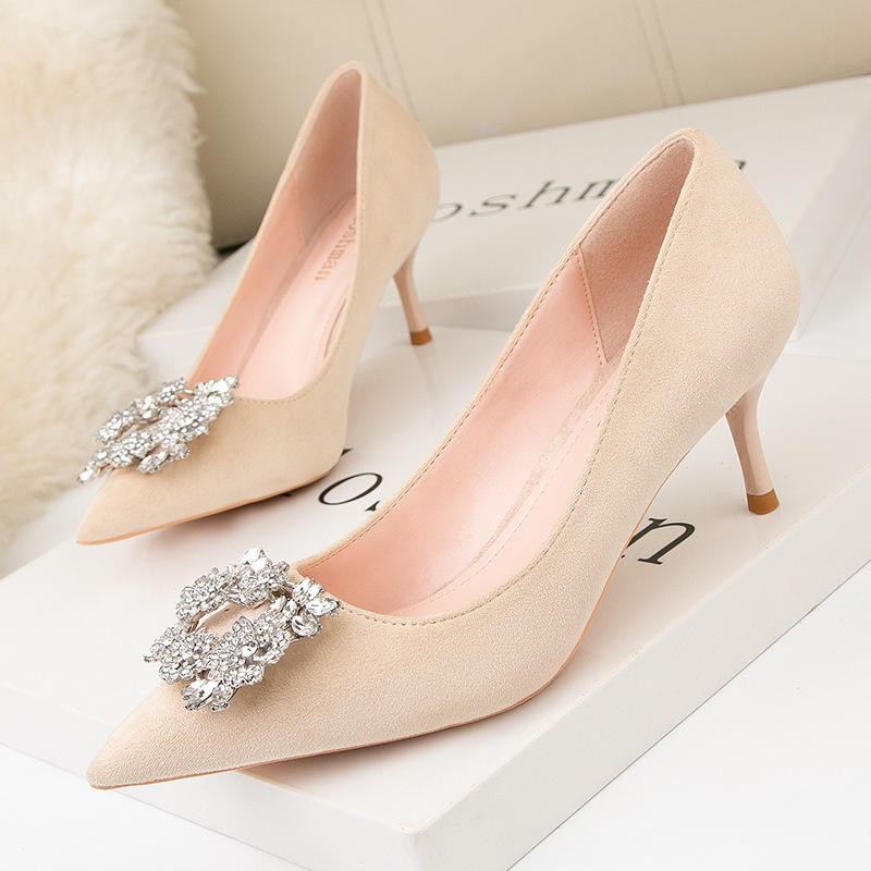 Women's Shoes Fashion Sexy Thin High Heels Stiletto Shallow Pointed Toe Rhinestone Square Buckle High-heeled Shoes
