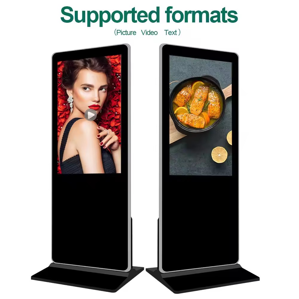 Floor-standing media video player with LCD advertisement kiosk touchscreen display digital signage display panel